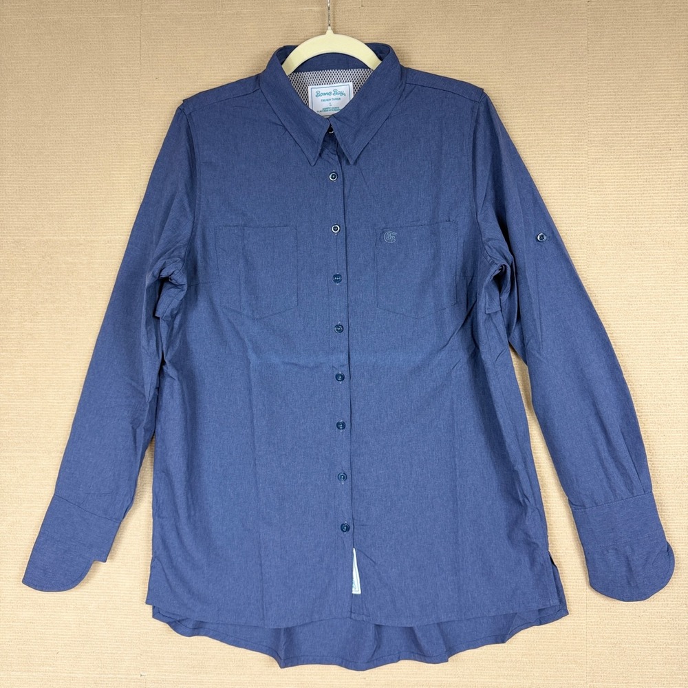 Boones Bay The Sun Tamer Fishing Shirt Blue Large Magnetic Pockets Vented Back